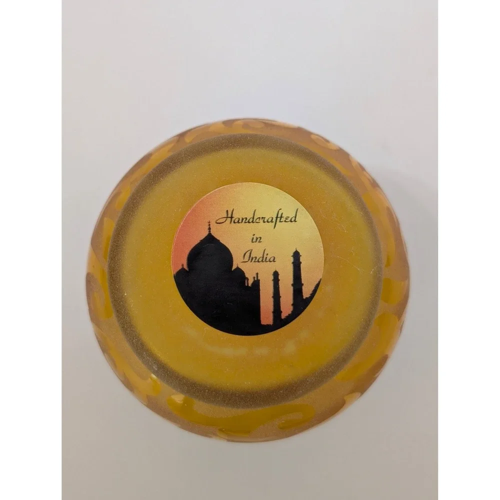 Handcrafted Amber Glass Hurricane Votive Candle Holder Frosted Scroll India
